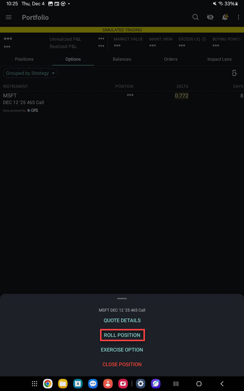 The roll position on the android tablet. 